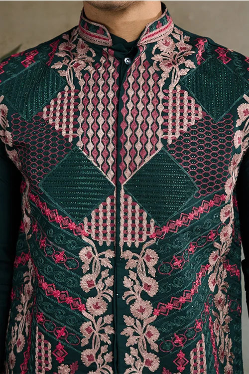 Designer And Stylish Green Men's Kurta Koti Set For Men