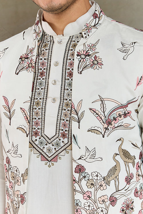 White Open Koti Style Full Kurta Pajama Set For Men