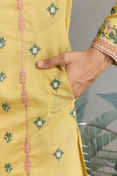 Embroidered Yellow Kurta For Men Wear