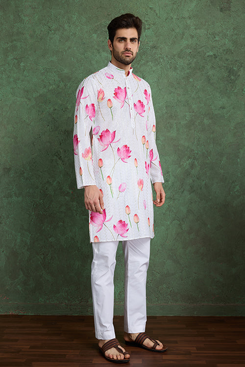 Buy Ethnic Style White & Pink Designer Kurta For Men