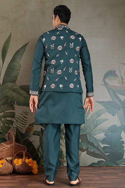 Green Open Koti Style Kurta Pajama Set For Men