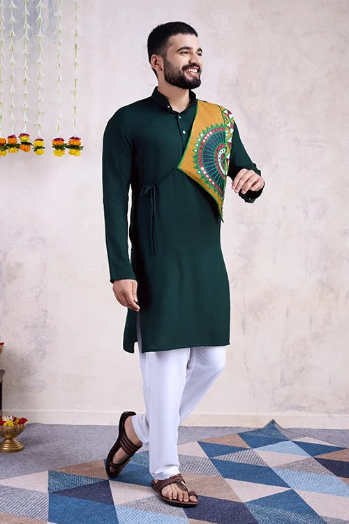 Green Color Ready To Wear Traditional Kurta For Mens Wear