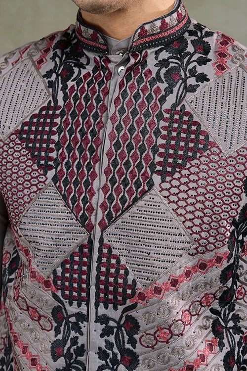 Latest Grey Silk Kurta With Swarovski Koti Jacket For Men’s
