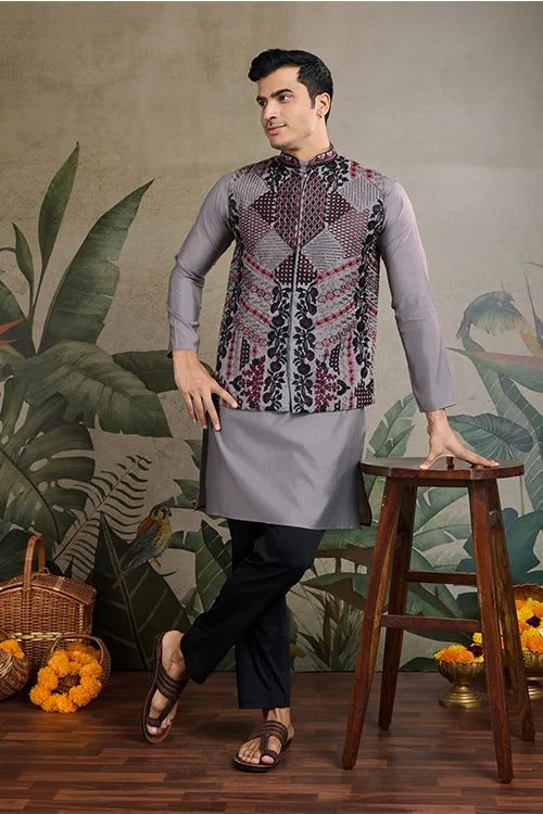 Latest Grey Silk Kurta With Swarovski Koti Jacket For Men’s