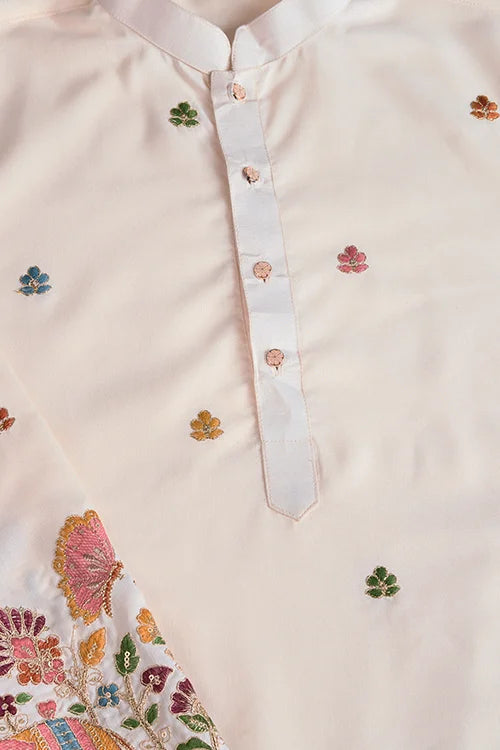 White Cotton Embroidered Sequins And Zari Work Kurta Men's Wear