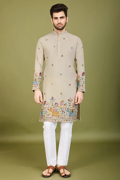 Premium Beige Kurta With Embroidery Wedding Look For Mens Wear
