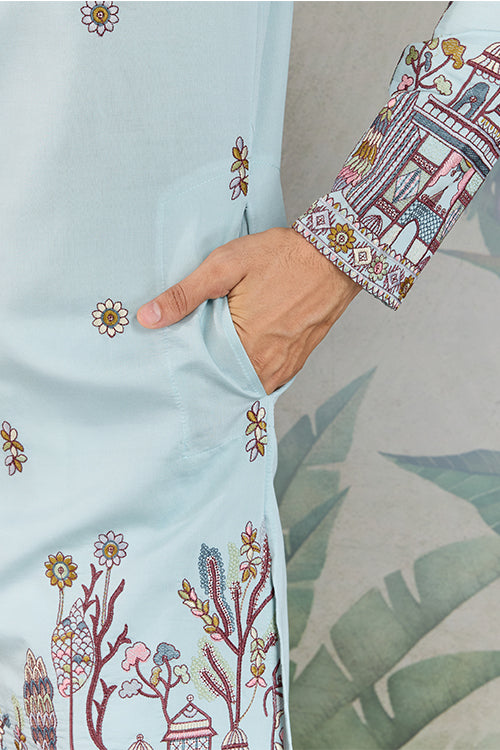Wedding Special Sky Color Kurta And Dupatta For Men