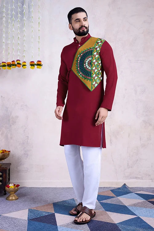 Maroon Color Ready To Wear Traditional Kurta For Mens Wear