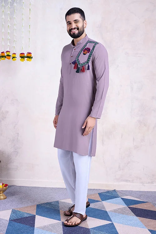 Dusty Purple Color Real Mirror Work Navratri Special Mens Kurta Collection