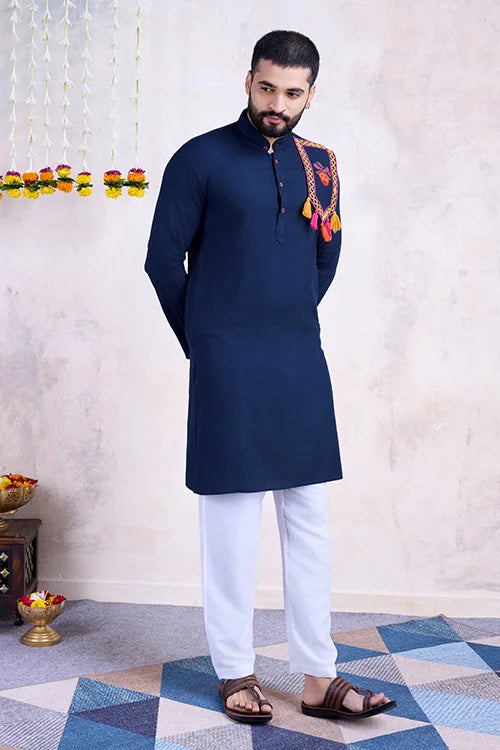 Navy Embroidered Men's Kurta - Formal Wear
