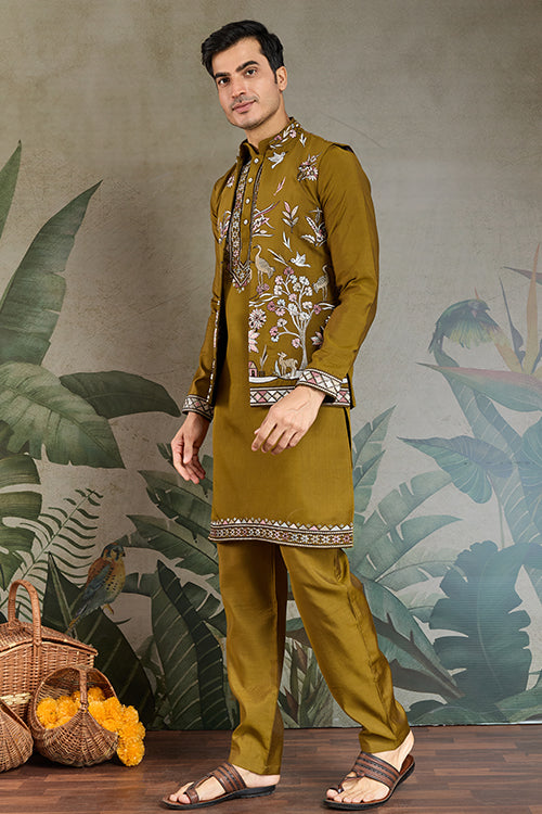 Wedding Special Golden Olive Kurta Pajama With Open Koti For Men