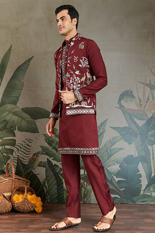 Wedding Special Maroon Jacket Style Kurta Pajama Full Set