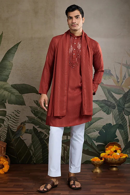 Rust Orange Viscose Silk Kurta With Mirror Work