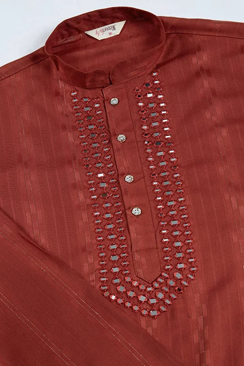 Rust Orange Viscose Silk Kurta With Mirror Work