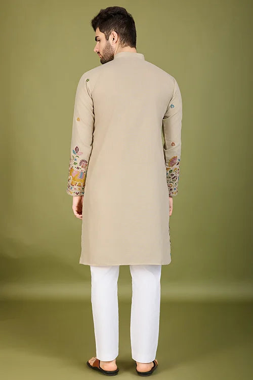 Premium Beige Kurta With Embroidery Wedding Look For Mens Wear