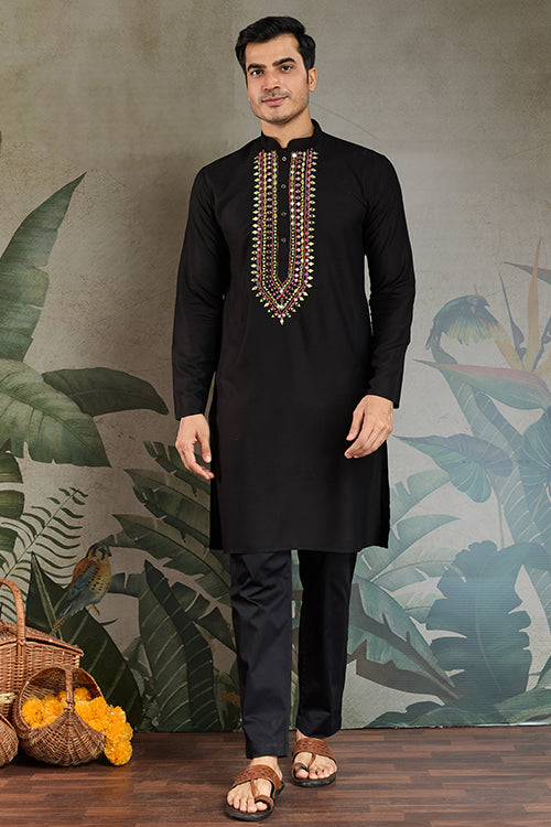 Wedding Special Black Mirror Work Kurta With Dupatta For Men