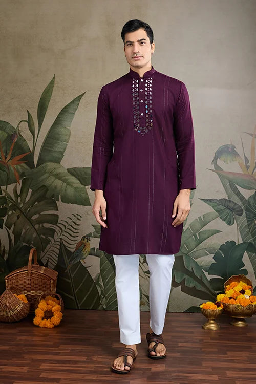 Purple Viscose Rayon Kurta With Jari & Mirror Work