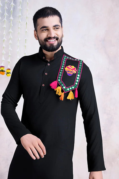 Real Mirror Work Navratri Special Black Color Mens Wear Kurta Collection