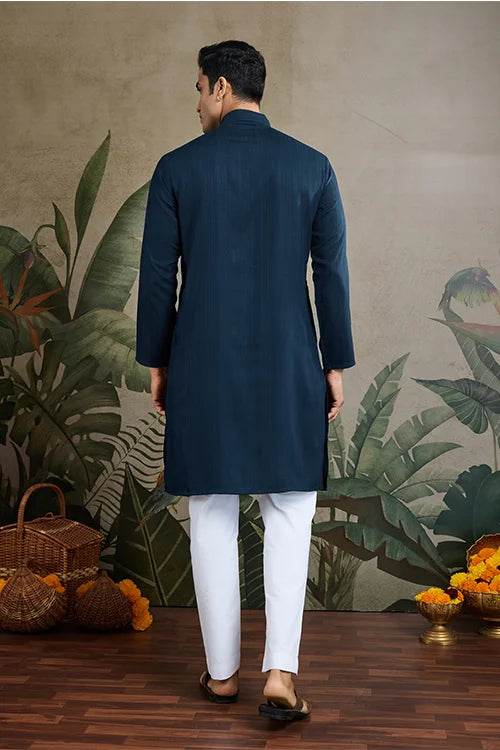 Teal Blue Viscose Rayon Kurta With Mirror Work