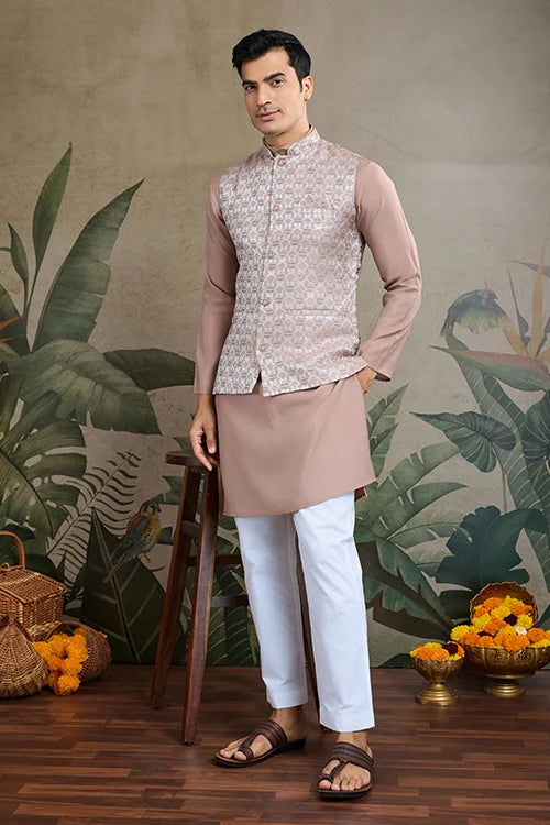 Ivory Roman Silk Kurta With Jacquard Koti Jacket