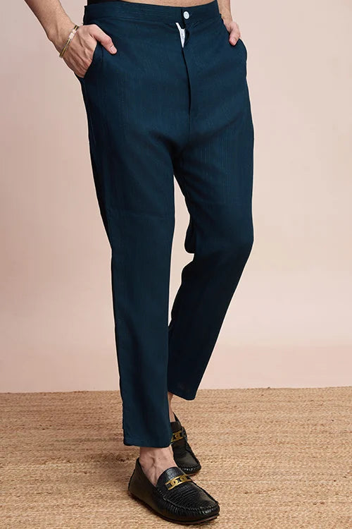 Teal Blue Designer Kurta Set With Mirror Work For Men