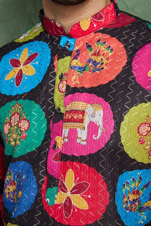 Multi Color Print With Embroidered Kurta And Pajama For Men