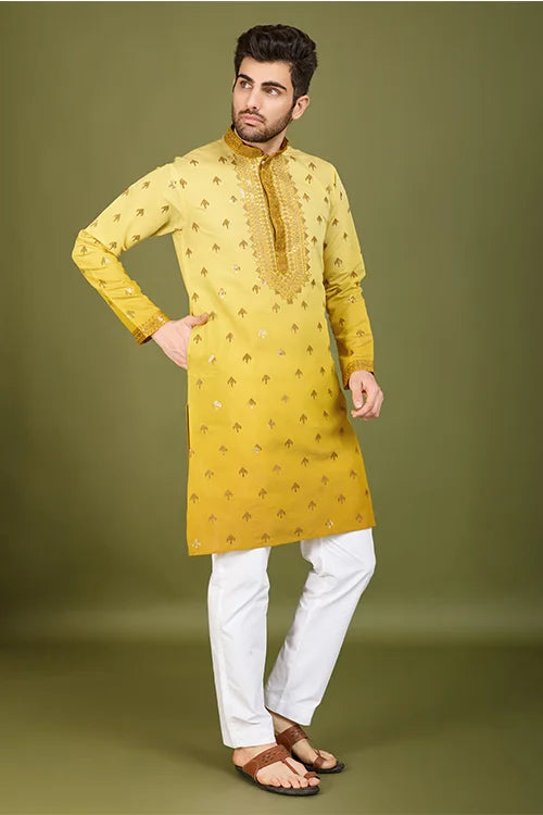 Designer Omber Yellow Viscose Silk Kurta For Men Online