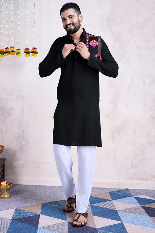 Real Mirror Work Navratri Special Black Color Mens Wear Kurta Collection