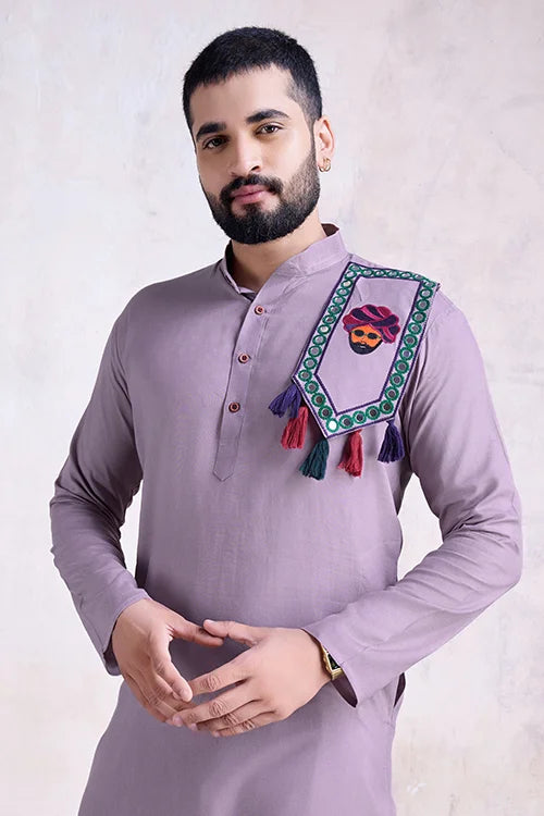 Dusty Purple Color Real Mirror Work Navratri Special Mens Kurta Collection