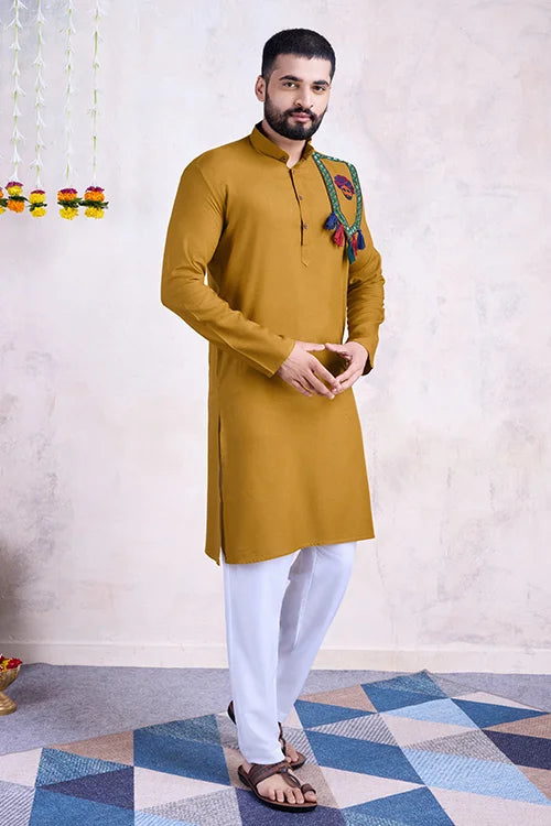 Beautiful Yellow Rayon Navratri Men's Kurta With Mirror Work