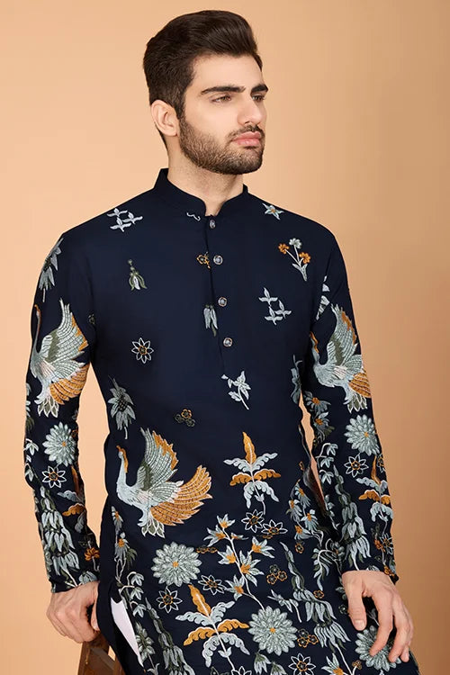 Navy Blue Traditional Look Ethnic Wear Kurta For Men