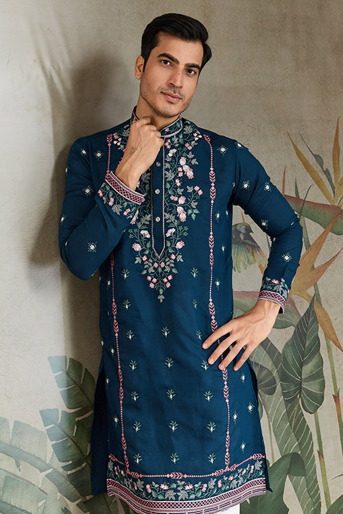 Wedding Special Teal Blue Embroidered Silk Kurta