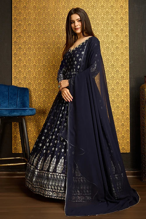 Attractive Navy Blue Foil Work Georgette Reception Wear Gown With Dupatta