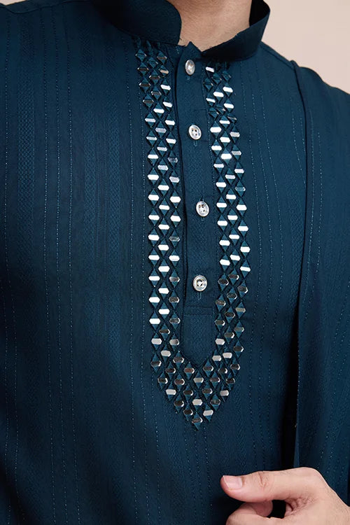 Teal Blue Designer Kurta Set With Mirror Work For Men