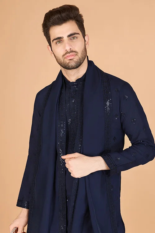 Elegant Navy Viscose Silk Kurta With Sequins