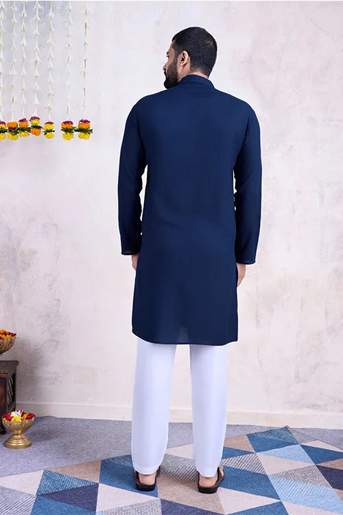 Navy Embroidered Men's Kurta - Formal Wear