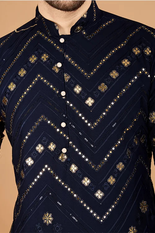 Navy Silk Embroidered Work Designer Men's Wear Kurta