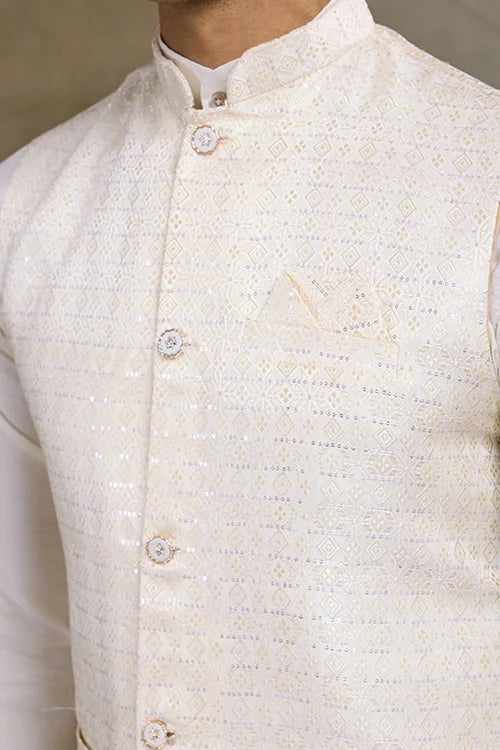 Off White Silk Kurta With Jacquard Koti Jacket