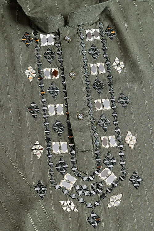 Premium Olive Green Mirror Work Kurta with Dupatta for Occasions