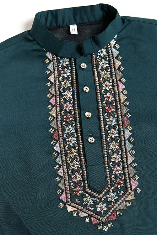 Green Open Koti Style Kurta Pajama Set For Men