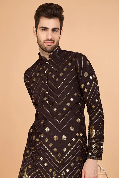 Designer Brown Men's Silk Kurta For Special Events