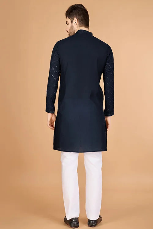 Navy Color Kurta With Dupatta For Mens Wear