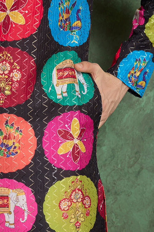 Multi Color Print With Embroidered Kurta And Pajama For Men