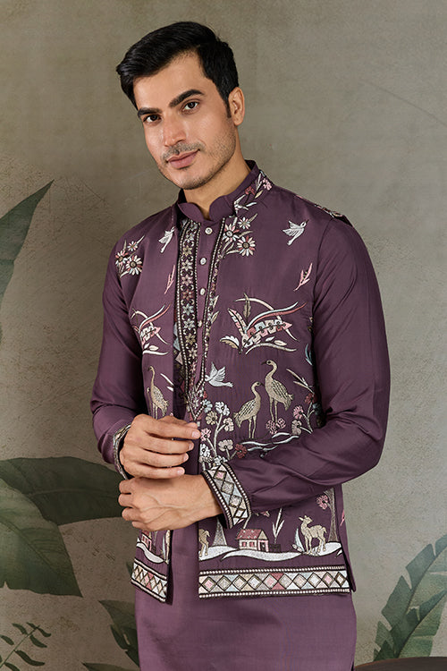 Traditional Rust Purple Kurta Pajama With Stylish Open Jacket