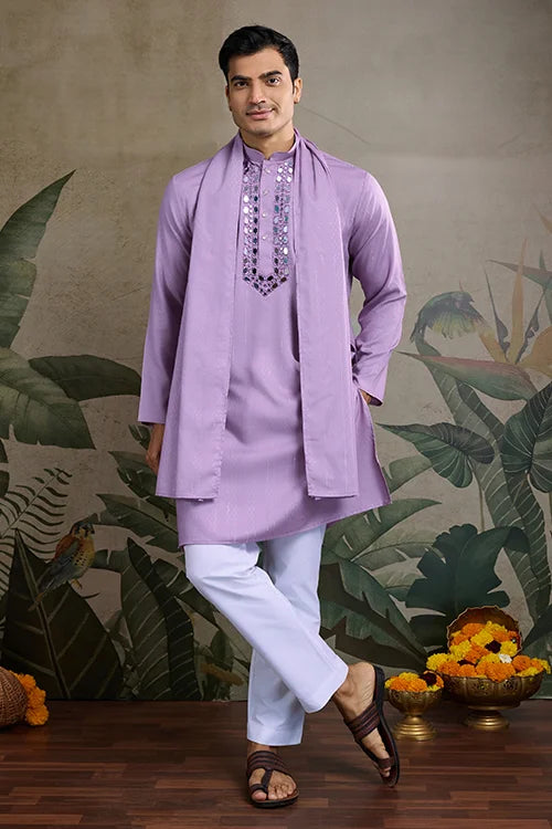 Dusty Pink Designer Men's Kurta With Real Mirror Work