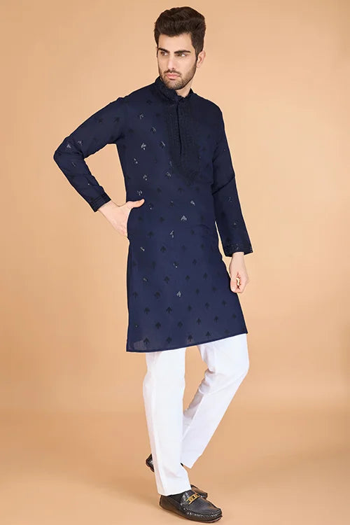 Elegant Navy Viscose Silk Kurta With Sequins