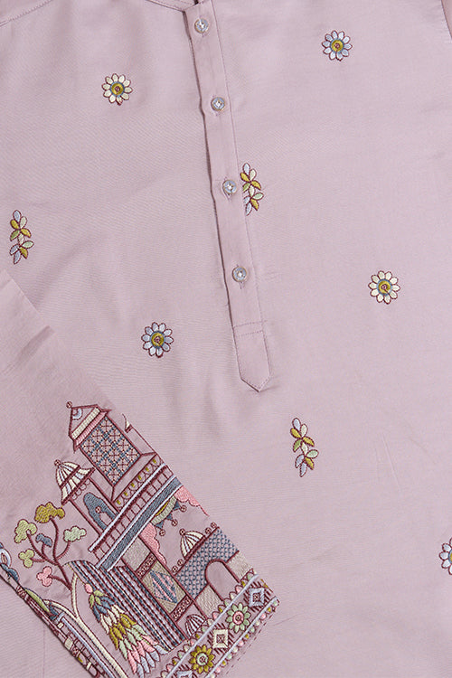 Premium Dusty Pink Color Embroidered Kurta With Pajama Set For Men