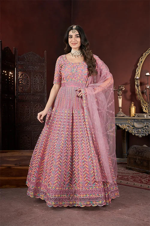 Designer Peach Color Net Gown With Zarkan Embroidery – Ready To Wear Collection