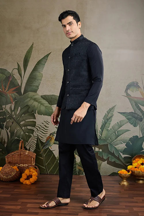 Black Roman Silk Kurta With Jacquard Koti Elegant Ethnic Wear