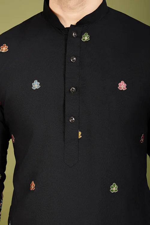 Black Color Cotton Embroidered Kurta For Men